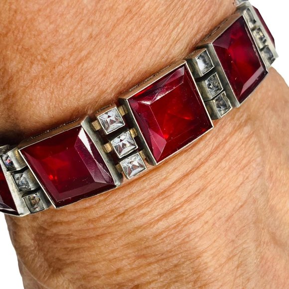 Authentic Art Deco Red  and Clear Glass Link Bracelet Silver Tone Metal - Picture 2 of 6